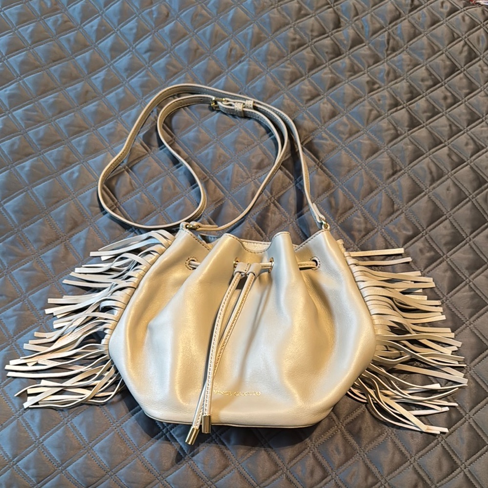 Vince Camuto Shoulder Bag with Drawstring Closure and Fringe Detail w Dustbag
